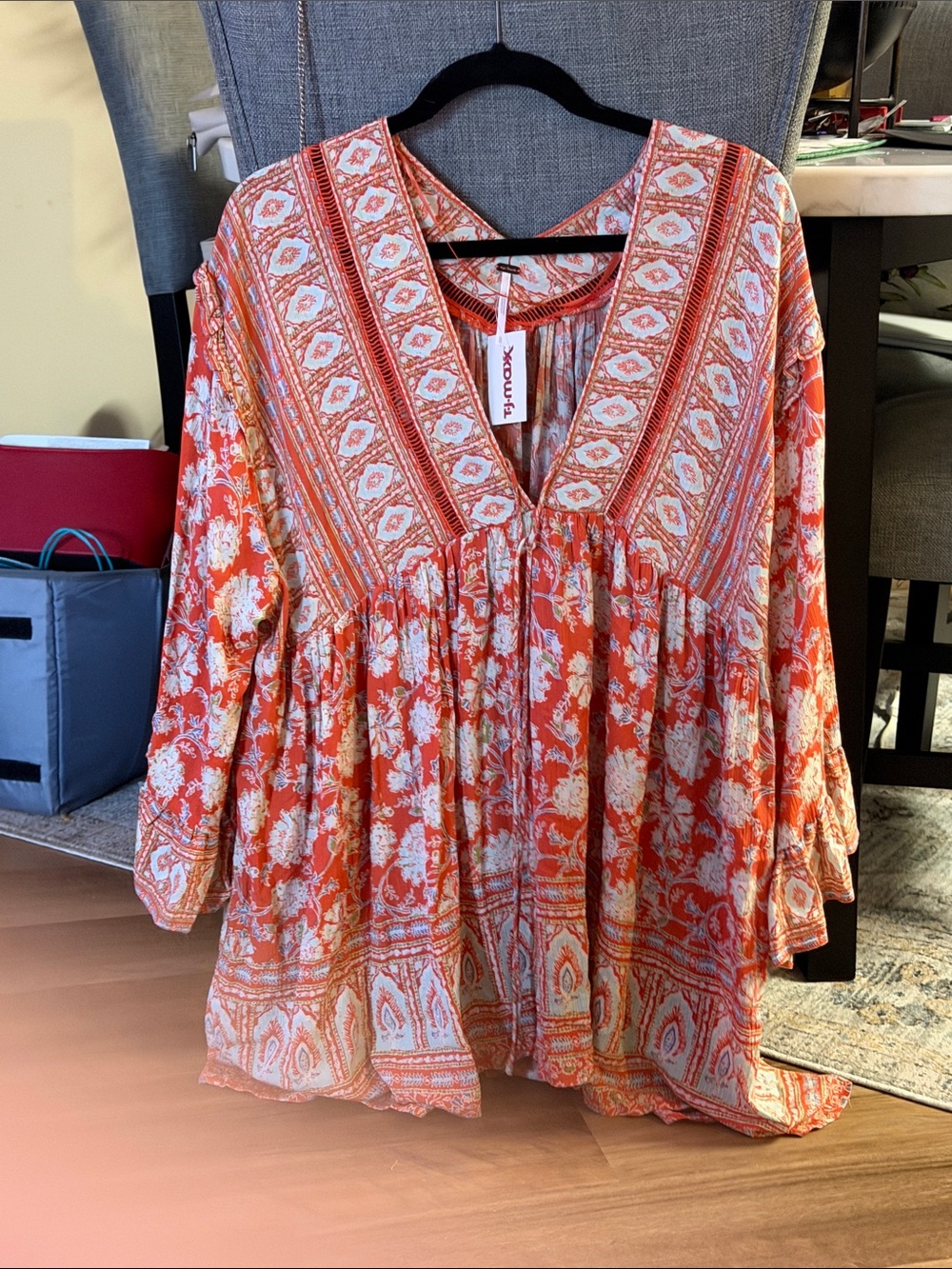 Free People Boho Floral Peasant tunic/dress Orange & White